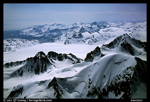 Aerial view of icefields and peaks, Chigmit Mountains. Lake Clark National Park, Alaska, USA.