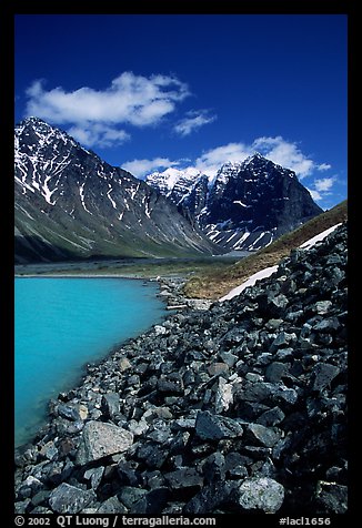 Talus, Turquoise Lake and Telaquana Mountain. Lake Clark National Park, Alaska, USA.