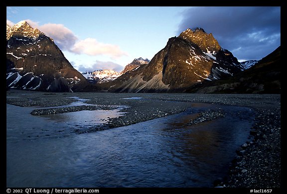 River bar below the Telaquana Mountains, sunset. Lake Clark National Park, Alaska, USA.