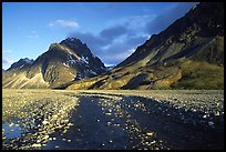 Wide gravel river bar below the Telaquana Mountains, sunset. Lake Clark National Park, Alaska, USA. (color)