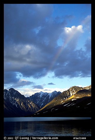 Rainbow and Telaquana Mountains above Turquoise Lake, sunset. Lake Clark National Park, Alaska, USA.