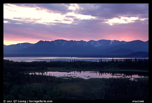 Lake Clark from the base of Tanalian mountain, sunset. Lake Clark National Park, Alaska, USA.