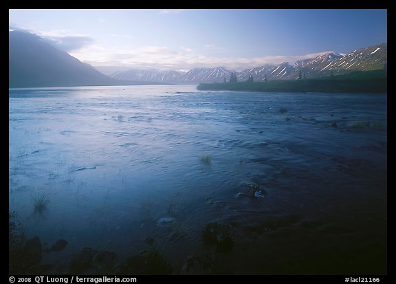 Outlet stream of Twin Lakes on a foggy morning. Lake Clark National Park, Alaska, USA.