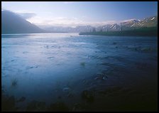 Outlet stream of Twin Lakes on a foggy morning. Lake Clark National Park, Alaska, USA.