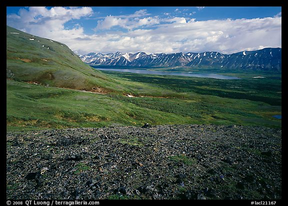 Tundra with Twin Lakes and mountains in the distance. Lake Clark National Park, Alaska, USA.