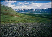 Tundra with Twin Lakes and mountains in the distance. Lake Clark National Park, Alaska, USA.