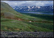 Tundra-covered hills and Twin Lakes. Lake Clark National Park, Alaska, USA.