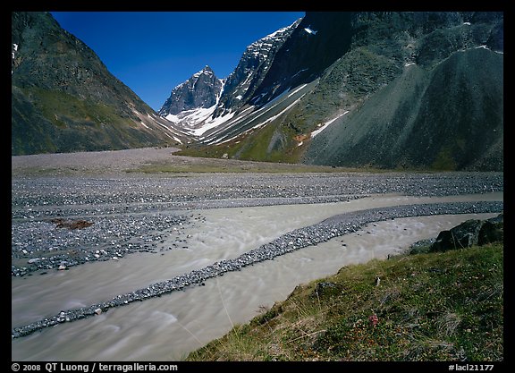 Wide stream at the junction of valleys below the Telaquana Mountains. Lake Clark National Park, Alaska, USA.