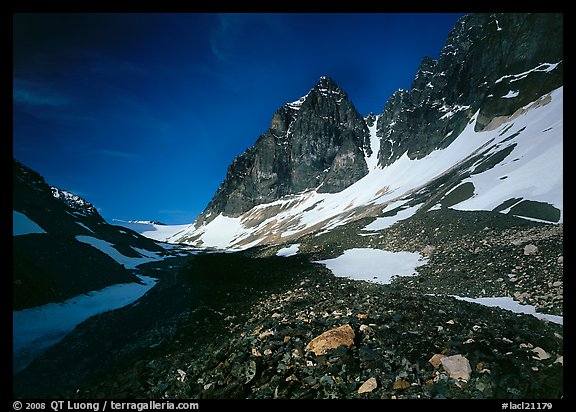 Moraine, neves, and rocky peaks, Telaquana Mountains. Lake Clark National Park (color)