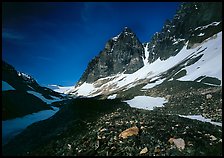 Moraine, neves, and rocky peaks, Telaquana Mountains. Lake Clark National Park, Alaska, USA. (color)