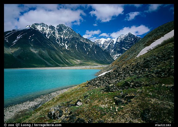 Tundra and mountains raising above Turquoise Lake. Lake Clark National Park, Alaska, USA.