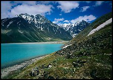 Tundra and mountains raising above Turquoise Lake. Lake Clark National Park, Alaska, USA. (color)