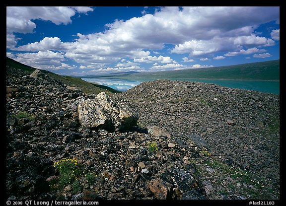 Boulder field and Turquoise Lake. Lake Clark National Park, Alaska, USA.