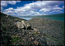 Boulder field and Turquoise Lake. Lake Clark National Park, Alaska, USA. (color)