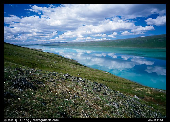 Clouds and reflections from above Turquoise Lake. Lake Clark National Park, Alaska, USA.