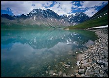 Shore of Turqouise Lake with Telaquana Mountains reflected in silty water. Lake Clark National Park, Alaska, USA.