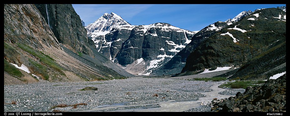 Valley, distant waterfall, and mountains. Lake Clark National Park (color)