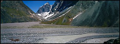 Valley with gravel bar surrounded by steep mountains. Lake Clark National Park (Panoramic color)