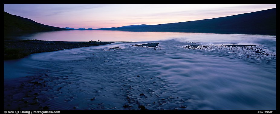 Wide stream flowing into lake at sunset. Lake Clark National Park (color)
