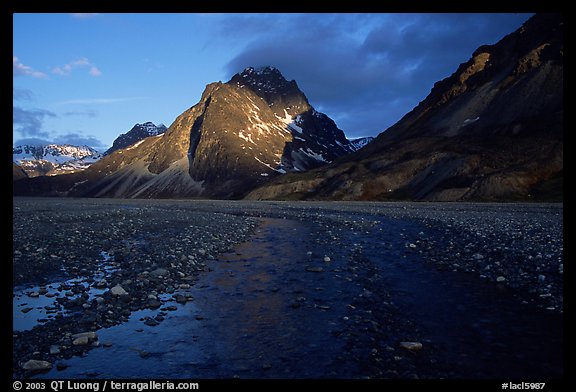 Gravel river bar below the Telaquana Mountains, sunset.. Lake Clark National Park (color)