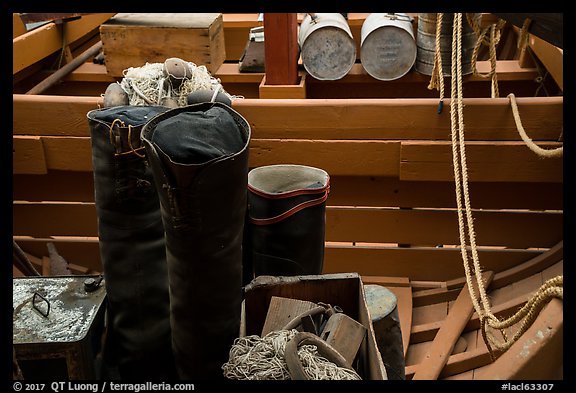 Close up of historic fishing boat inside. Lake Clark National Park (color)