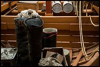 Close up of historic fishing boat inside. Lake Clark National Park ( color)