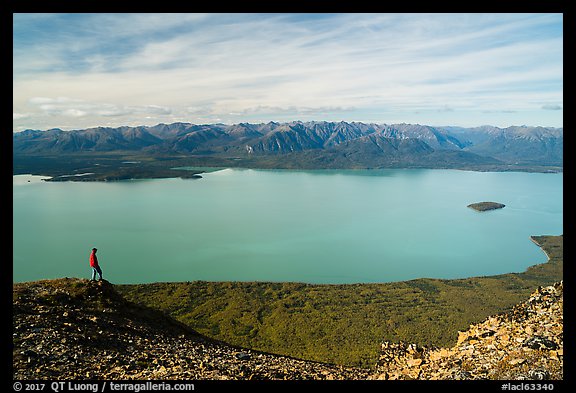 Visitor looking, Lake Clark from Tanalian Mountain. Lake Clark National Park (color)