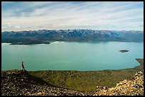 Visitor looking, Lake Clark from Tanalian Mountain. Lake Clark National Park ( color)