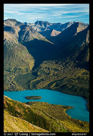 Kontrashibuna Lake and islet from above. Lake Clark National Park (color)