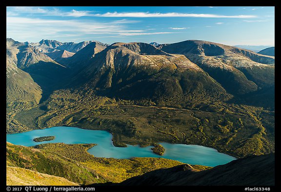 Turquoise Kontrashibuna Lake from Tanalian Mountain. Lake Clark National Park (color)