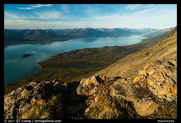 Lichen-covered rocks, Lake Clark from Tanalian Mountain. Lake Clark National Park (color)