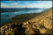 Lichen-covered rocks, Lake Clark from Tanalian Mountain. Lake Clark National Park ( color)