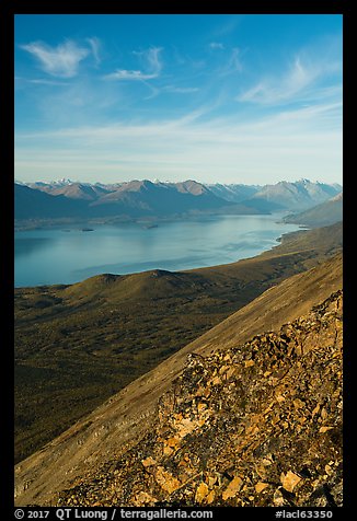 Lake Clark from Tanalian Mountain, looking north, afternoon. Lake Clark National Park, Alaska, USA.