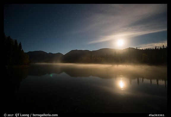 Kontrashibuna Lake and moon at night. Lake Clark National Park (color)
