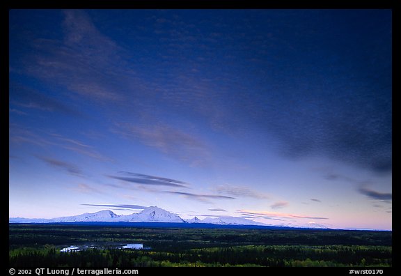 The Wrangell mountains seen from the west, sunset. Wrangell-St Elias National Park, Alaska, USA.