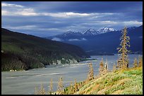 Chitina river valley, snowy peaks, and storm light. Wrangell-St Elias National Park, Alaska, USA.