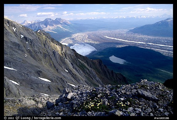 Mountain landscape with glacier seen from above. Wrangell-St Elias National Park, Alaska, USA.
