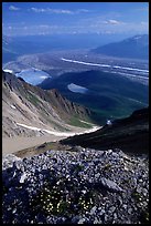 Junction of Kennicott and Root glaciers seen from Donoho Peak, late afternoon. Wrangell-St Elias National Park, Alaska, USA.