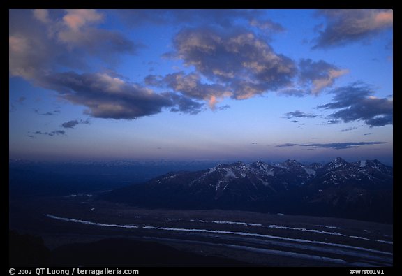 Sunrise, Kennicott glacier seen from Mt Donoho. Wrangell-St Elias National Park, Alaska, USA.