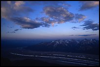 Sunrise, Kennicott glacier seen from Mt Donoho. Wrangell-St Elias National Park, Alaska, USA.