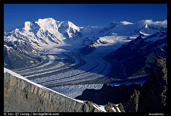 Mt Wrangell and Kennicott glacier seen from Mt Donoho, morning. Wrangell-St Elias National Park