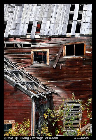 Damaged roof and walls, Kennicott mine. Wrangell-St Elias National Park, Alaska, USA.