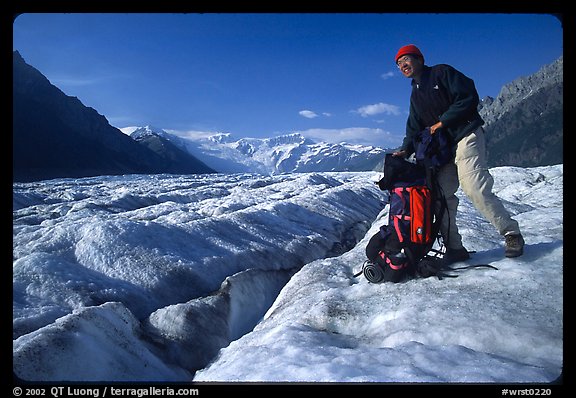 Hiker on Root glacier. Wrangell-St Elias National Park, Alaska, USA.