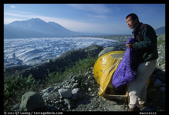 Camping on the moraine above Root glacier. Wrangell-St Elias National Park, Alaska, USA.