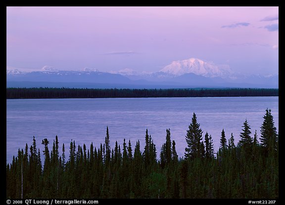 Wrangell range and Mt Blackburn above Willow Lake with pink sunset hues. Wrangell-St Elias National Park (color)