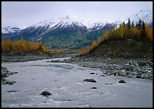 Kennicott River and snow-covered Bonanza ridge. Wrangell-St Elias National Park, Alaska, USA.