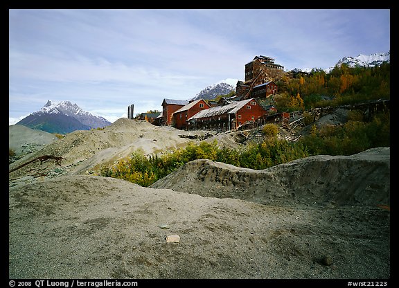 Kennecott abandonned mill above moraines. Wrangell-St Elias National Park, Alaska, USA.