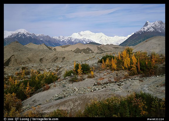 Mt Wrangell and Root Glacier moraines seen from Kenicott. Wrangell-St Elias National Park, Alaska, USA.