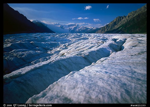 Crevasses and Root Glacier, afternoon. Wrangell-St Elias National Park, Alaska, USA.