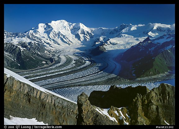 Mt Blackburn and Kennicott glacier seen from Mt Donoho, morning. Wrangell-St Elias National Park, Alaska, USA.